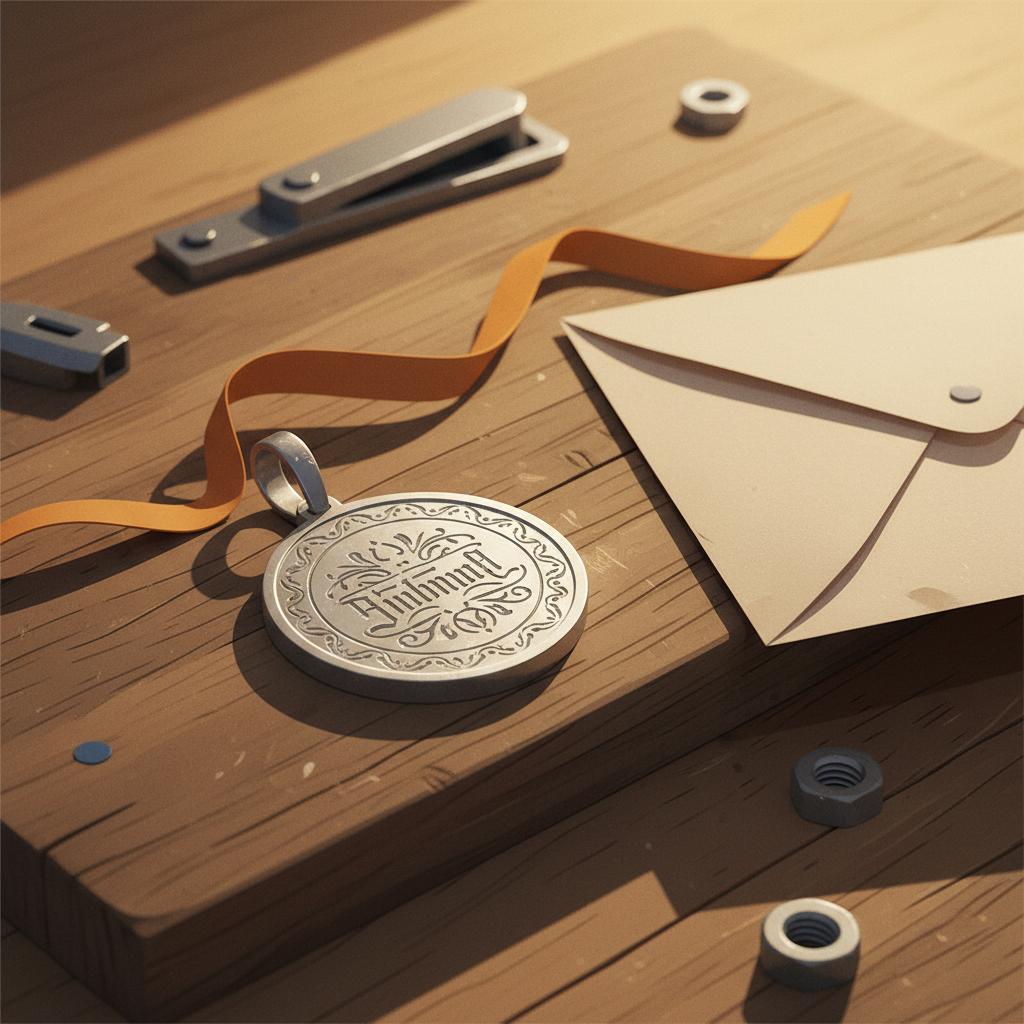 Detailaufnahme eines gravierten Metallanhängers auf rustikalem Holzbrett mit Geschenkband und leerer Karte – Geschenkideen zur Geburt, 2D Vektor, warme, minimalistische Szene