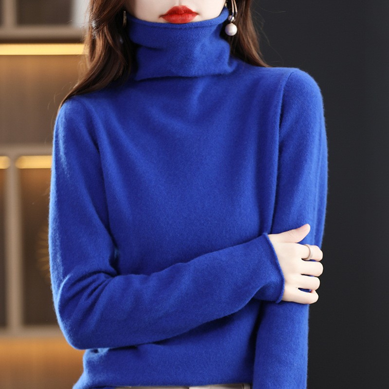 Women's wool sweater with stand-up collar made from pure wool