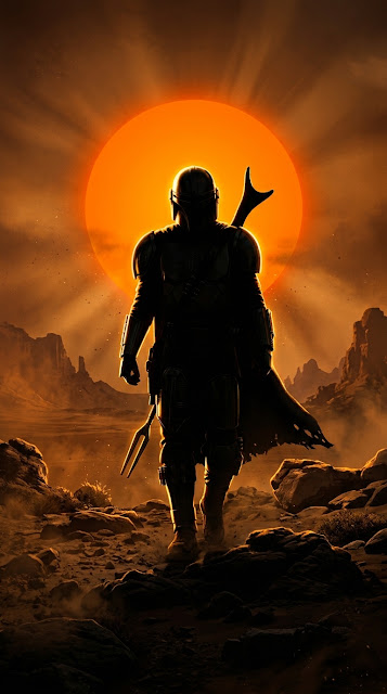 Armored Warrior Walking Through Desert Toward a Giant Sun - Free mobile Wallpaper