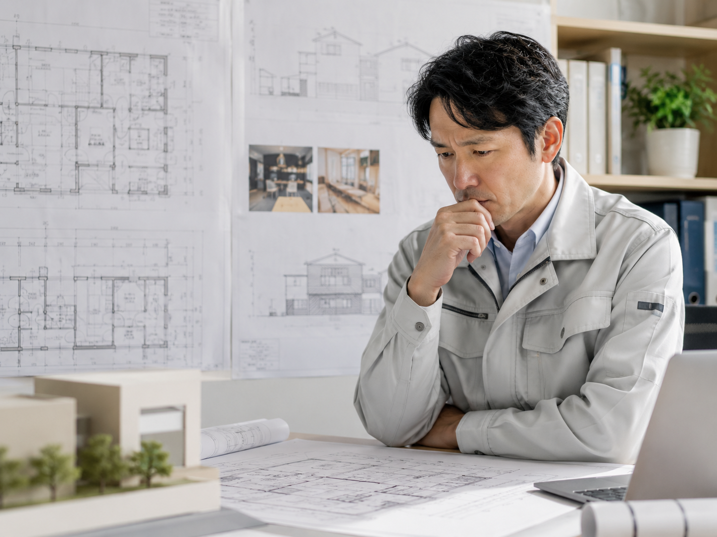 図面を前に悩む建築担当者