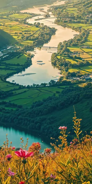 Mountain Landscape, River Valley, Flower Meadow, Scenic 2K Wallpaper Background