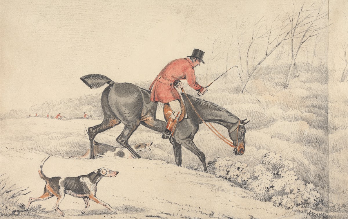 Foxhunting Rider and a Couple of Hounds Entering a Covert