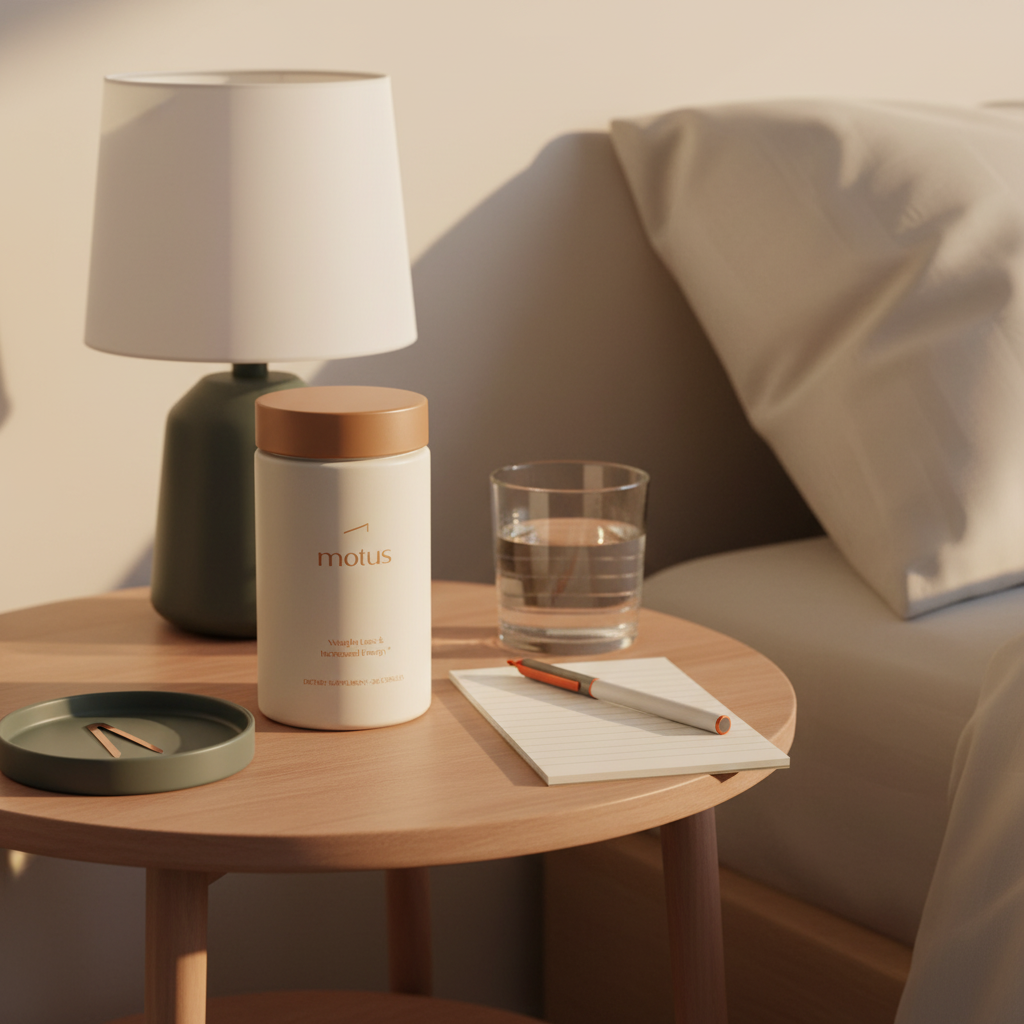 Minimal bedside table with Tonum Motus jar, blank notepad, and glass of water in warm morning light conveying routine and sustainable weight loss. Ozempic price Walmart