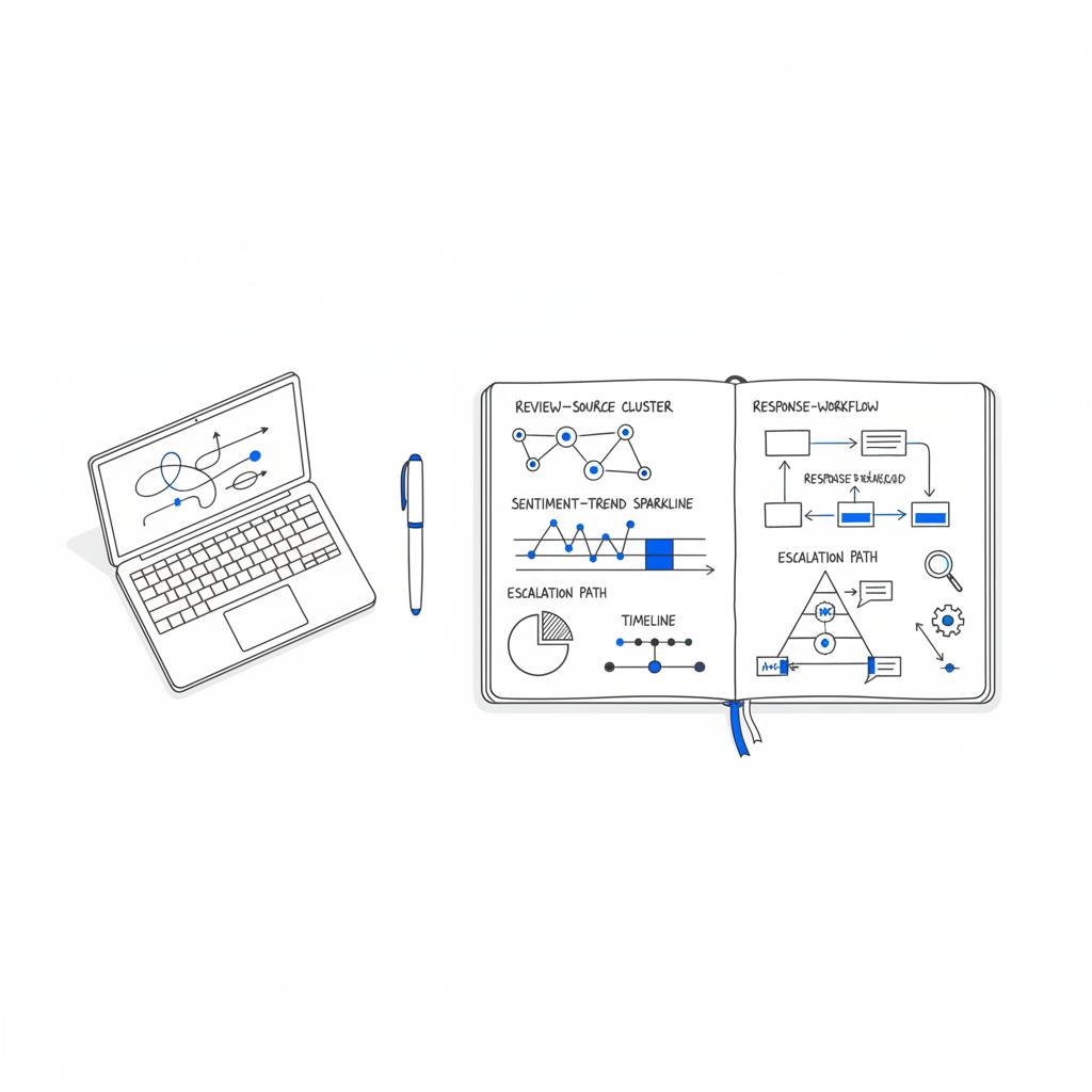 Minimalist vector desk scene with a sketchbook showing a reputation management flow and laptop charts, visually representing orm cost planning and strategy.