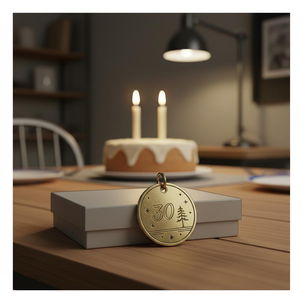 Minimalistische 2D-Vektor-Nahaufnahme eines gravierten Metallanhängers auf Geschenkbox vor unscharfem Tisch mit Kerzen und Vanillekuchen — 30. Geburtstag