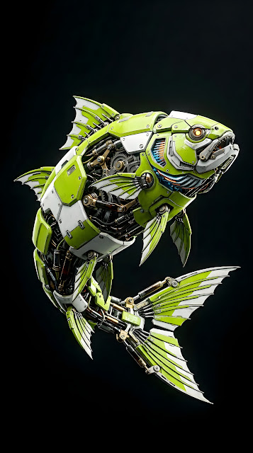 Detailed 3D Render of a Cybernetic Fish with Mechanical Gills and Lime Green Armor - Free mobile Wallpaper