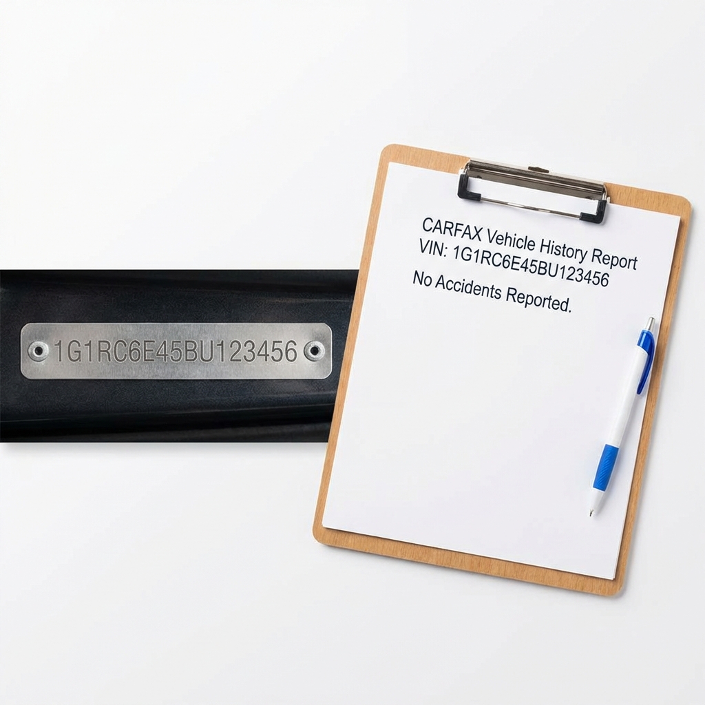 Close up of VIN plate and printed vehicle history report on clipboard with CarFax Deals blue accents on white background verifying vehicle history for rav4 used for sale