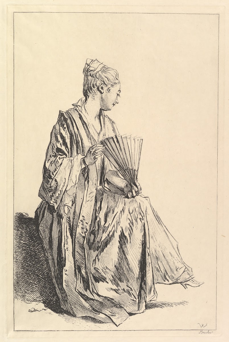 Femme assise de profil à droite jouant de leventail 172070