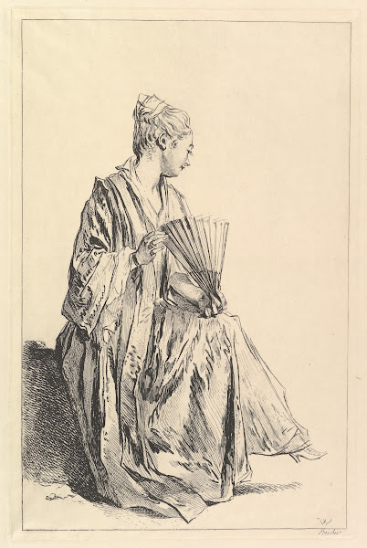Femme assise de profil à droite jouant de leventail 172070