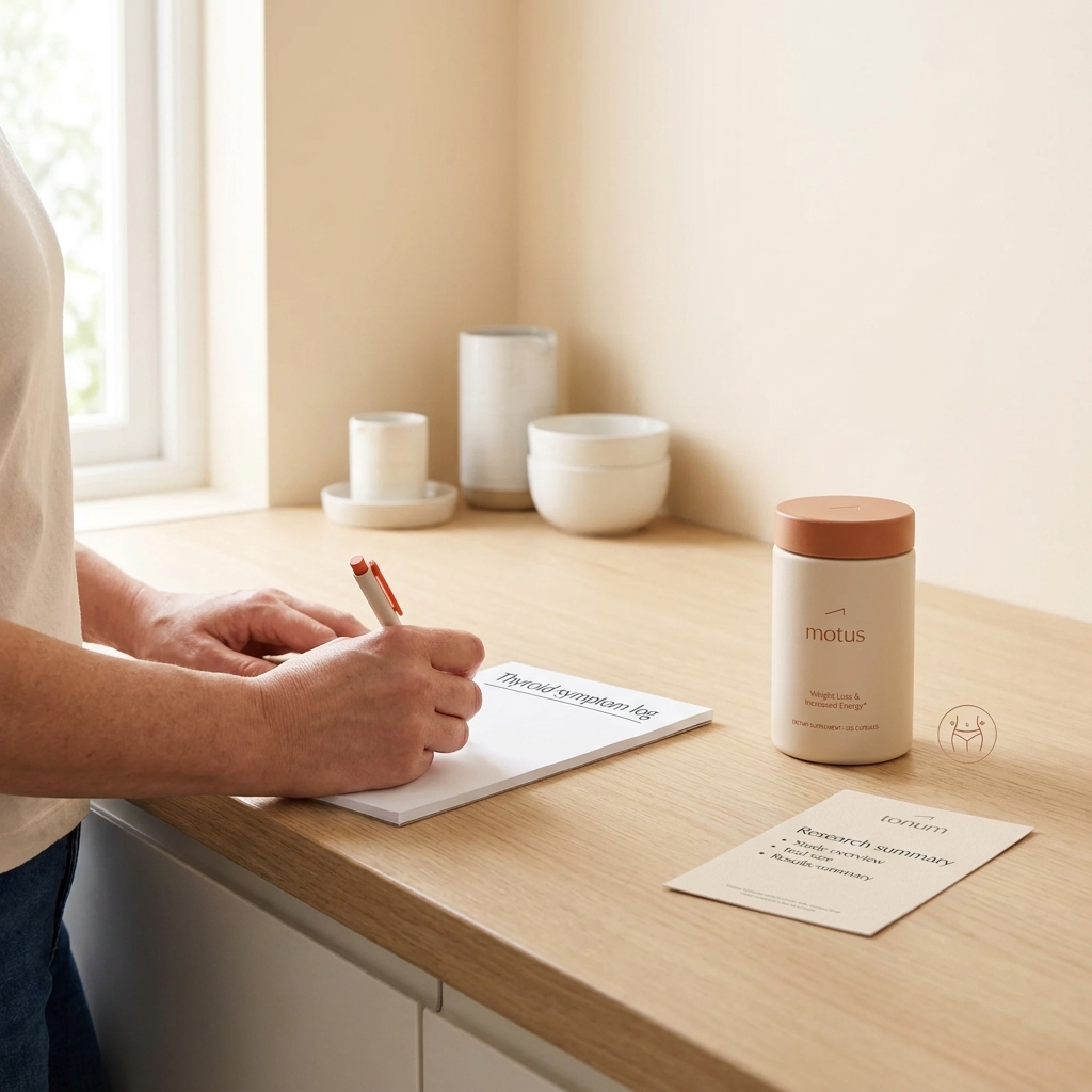 Middle-aged adult reviewing a 'Thyroid symptom log' at a bright uncluttered kitchen counter with a Tonum supplement container and small research card nearby, showing metabolism at 40.