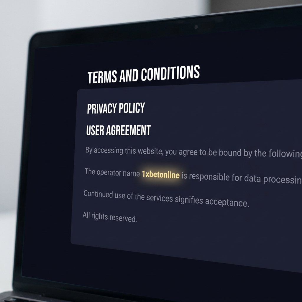 Close up of website terms and conditions page on a dark modern interface with the operator name 1xbetonline highlighted in soft yellow brand accent for emphasis