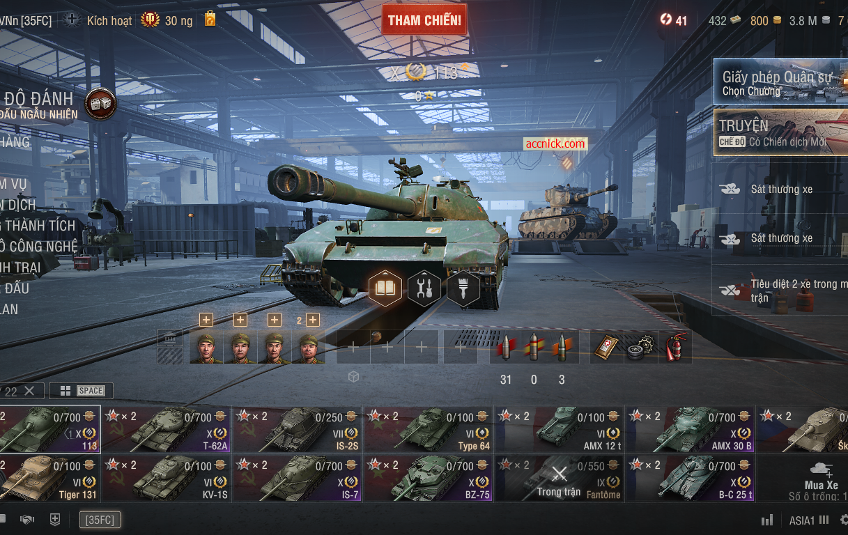 Acc World of Tanks PC gồm 6 tank X BZ-75, 113, IS-7, T-62A,...