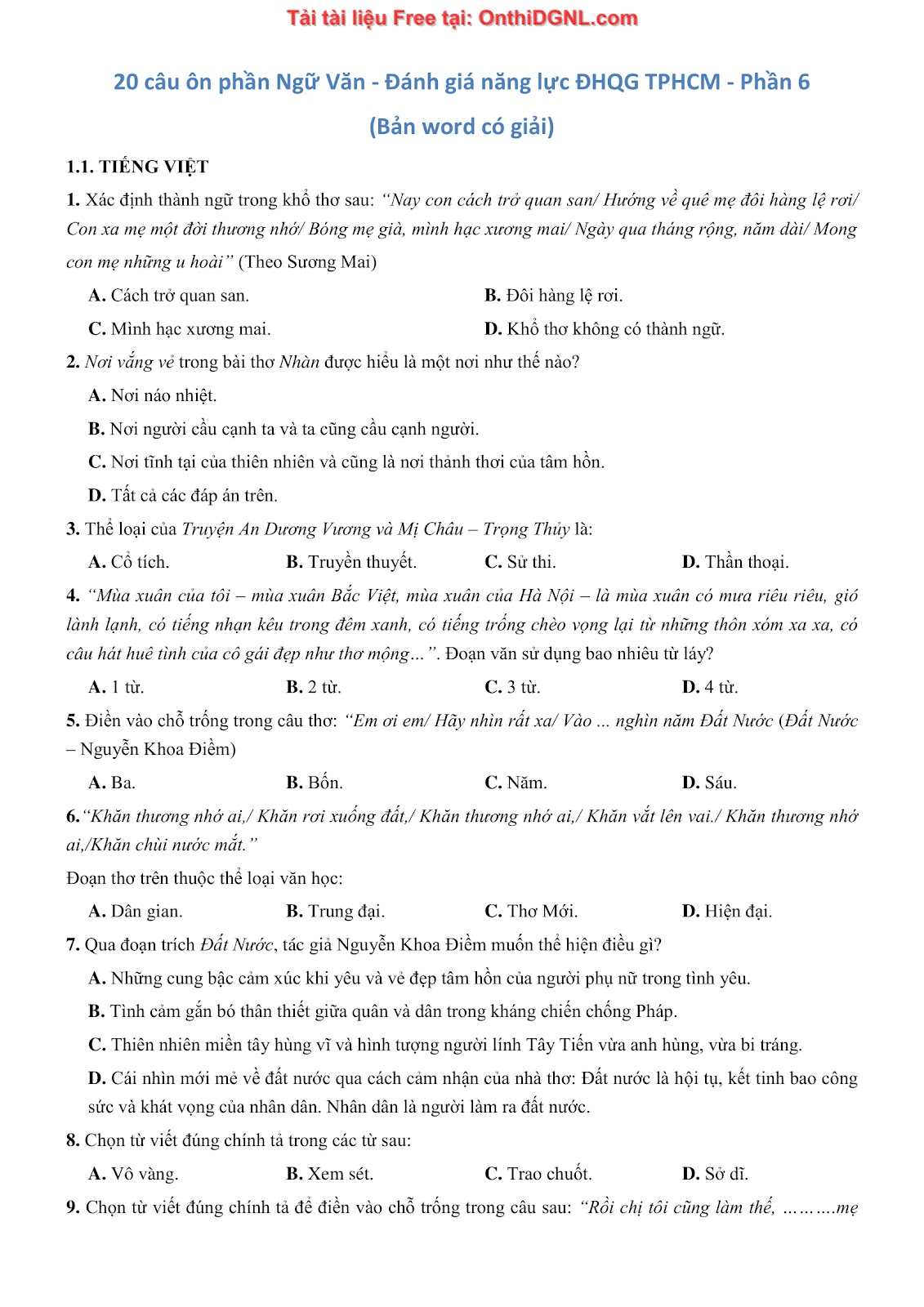 500 bài tập môn Ngữ Văn - Ôn thi ĐGNL ĐHQG TP HCM Phần 6