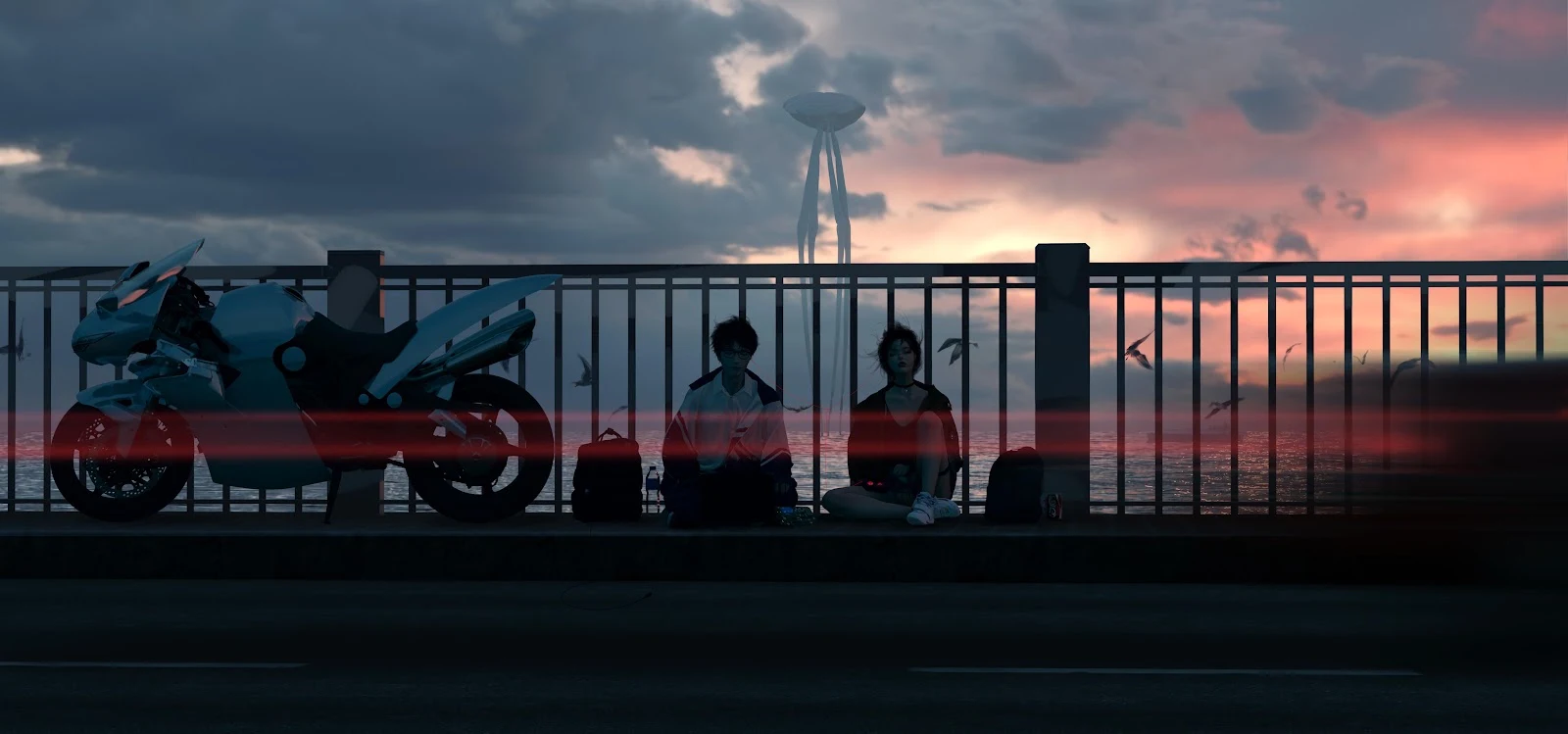 Motorcycle Duo on Sunset Bridge - Cinematic Digital Art 5K Wallpaper (8571x4011)