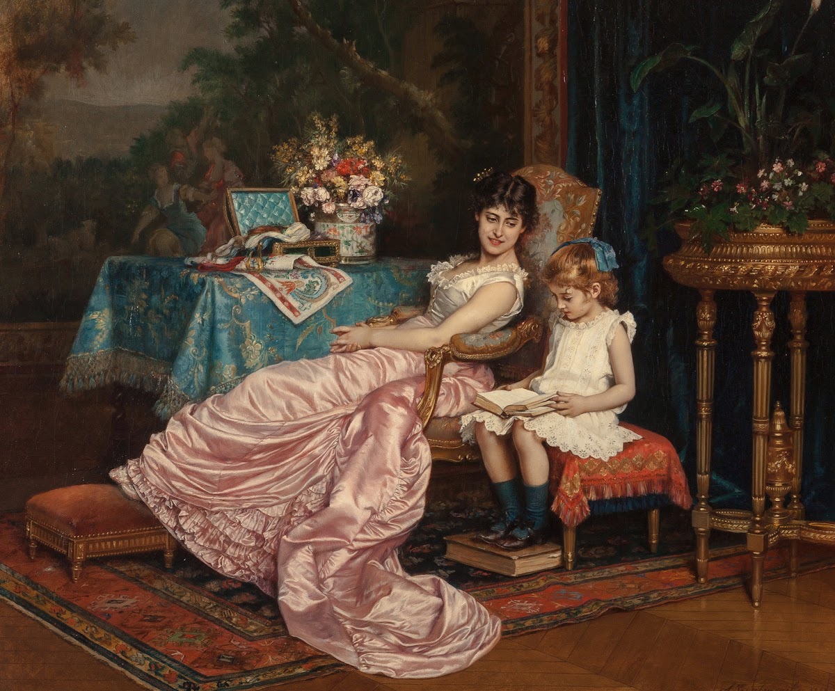 A mother and daughter reading 1882