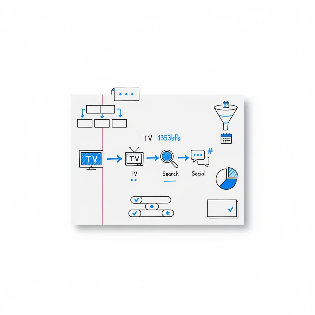 Minimalist vector flat-lay of a notebook page showing a television advertising flowchart: TV feeding Search and Social nodes, sticky notes, funnel and budget sketches in Agency Visible colors