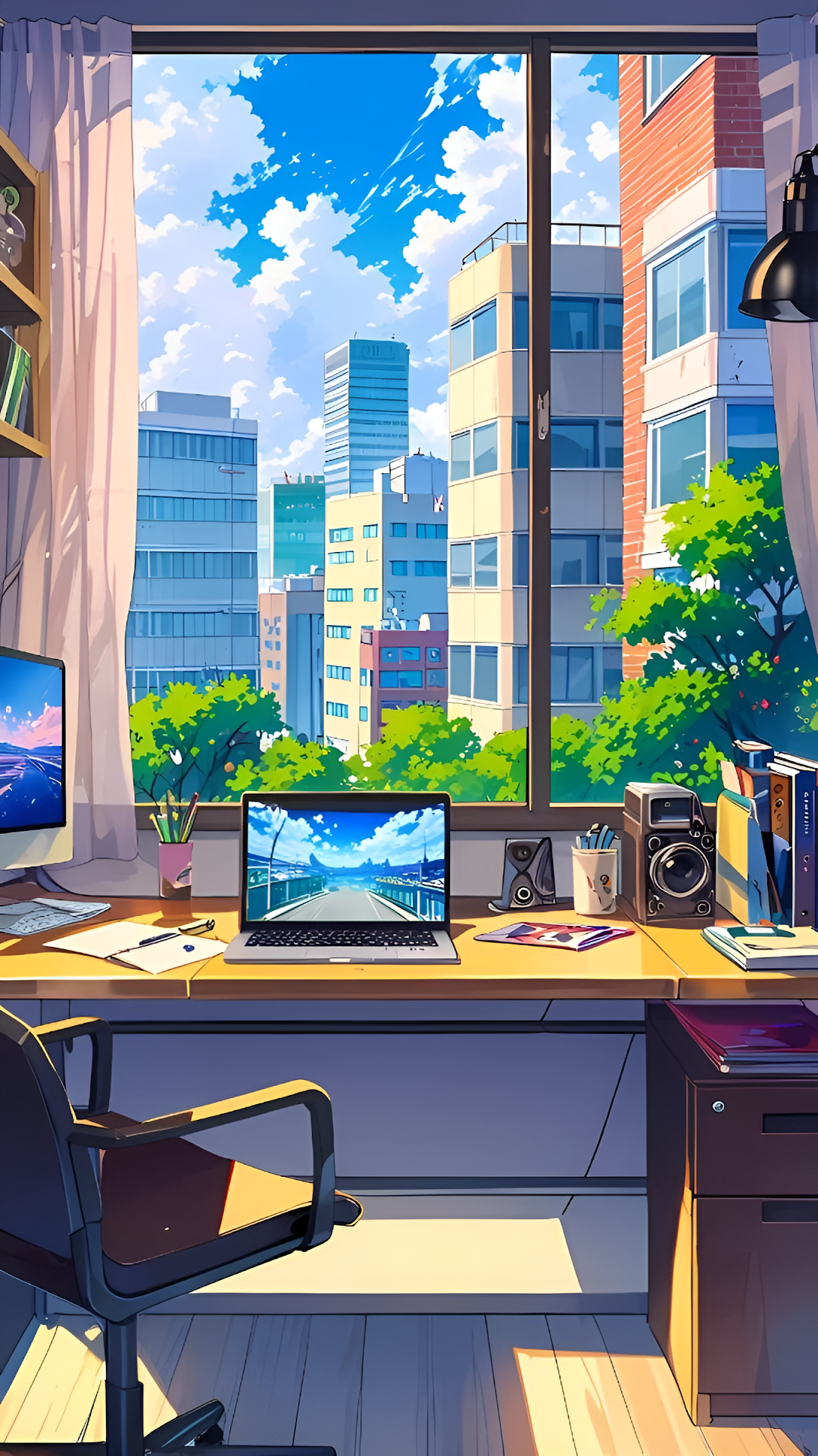 Anime Study Desk View of Bright Urban Skyline on Sunny Day - Free 4K mobile Wallpaper