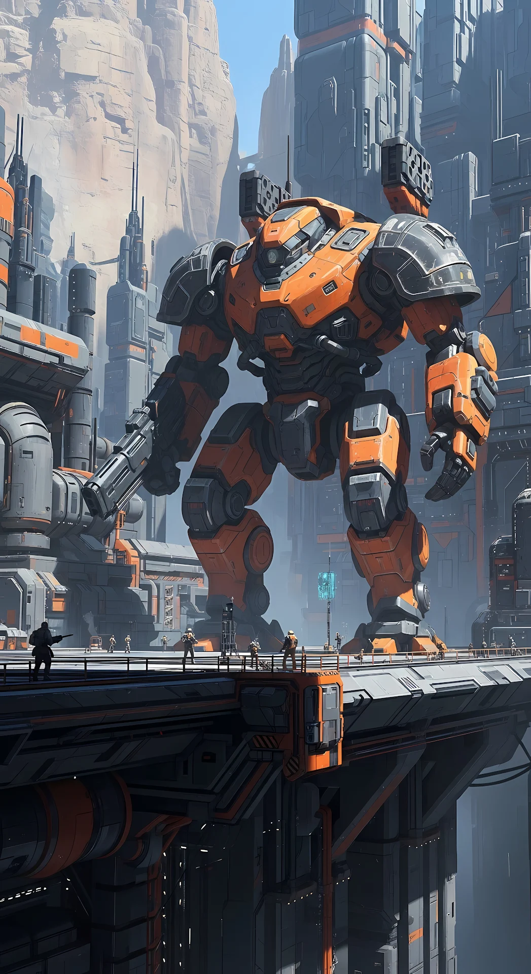 Colossal Orange Combat Mech in Industrial Sci-Fi Canyon City - Free 4K mobile Wallpaper