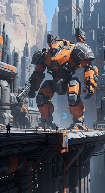 Colossal Orange Combat Mech in Industrial Sci-Fi Canyon City - Free mobile Wallpaper
