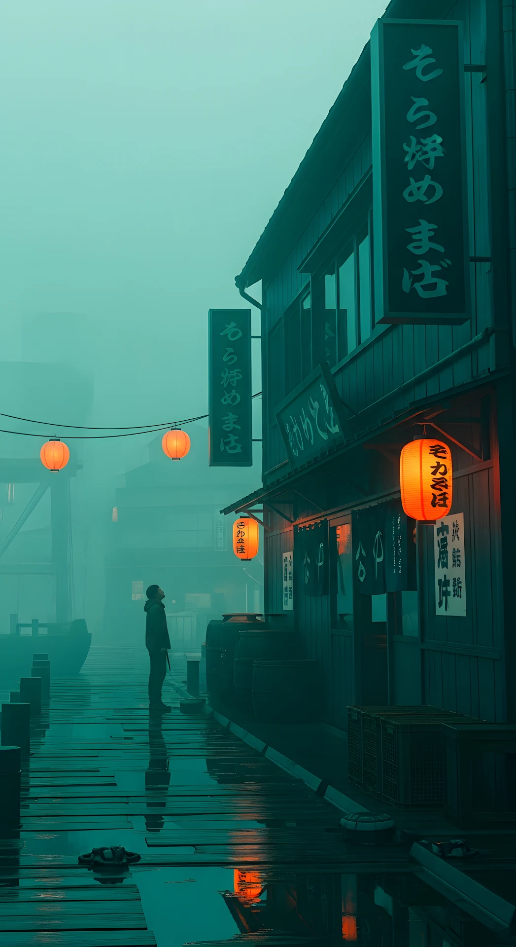 Moody Japanese Harbor Town Foggy Night Teal Orange - Free 4K mobile Wallpaper