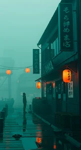 Moody Japanese Harbor Town Foggy Night Teal Orange