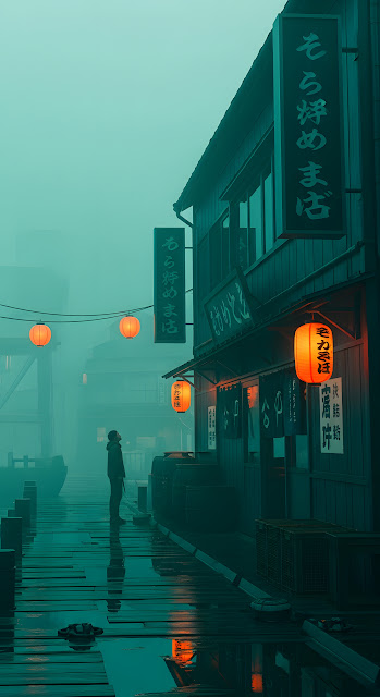 Moody Japanese Harbor Town Foggy Night Teal Orange - Free mobile Wallpaper