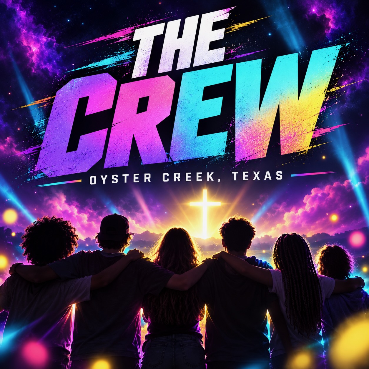 The Crew — Oyster Creek, Texas: teens silhouetted together under a cosmic night sky