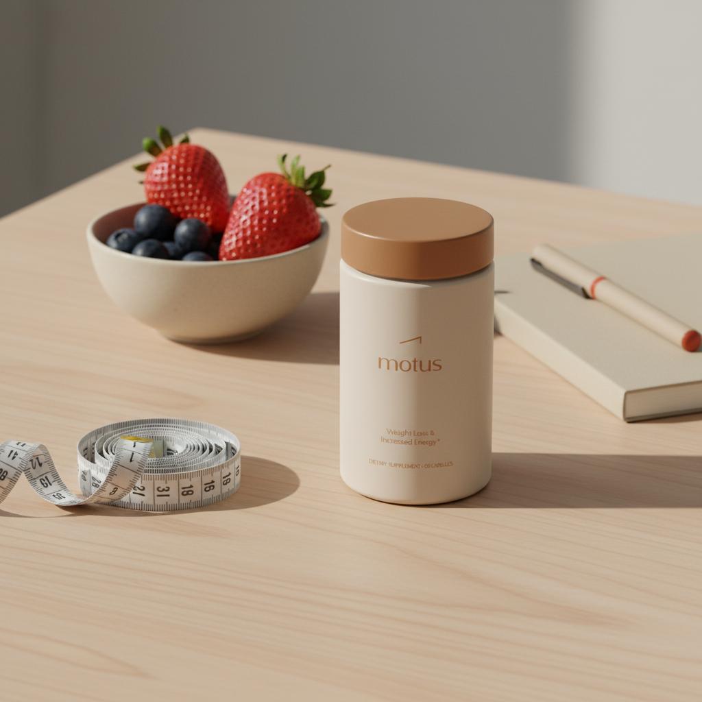 Tonum Motus supplement container on a wooden table with measuring tape, small bowl of berries and notebook in a minimalist Tonum scene for strongest prescription weight loss pill