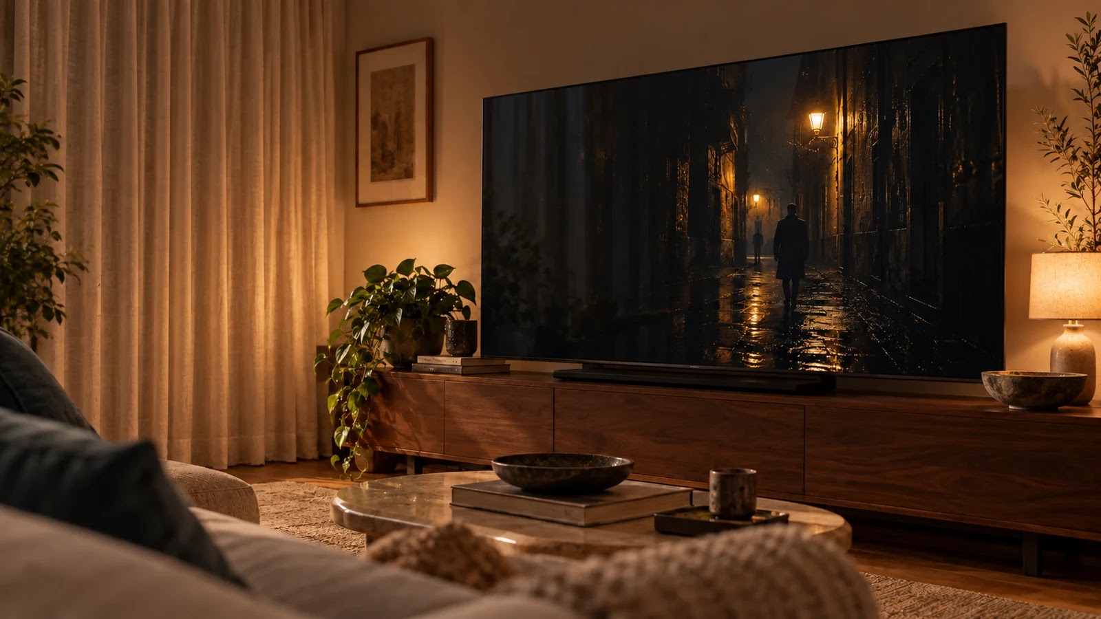 Soggiorno con tende chiuse, luce laterale e televisore che mostra una scena notturna
