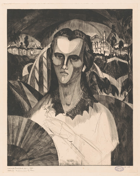 Vrouw met een waaier en een roos 1913   1914
