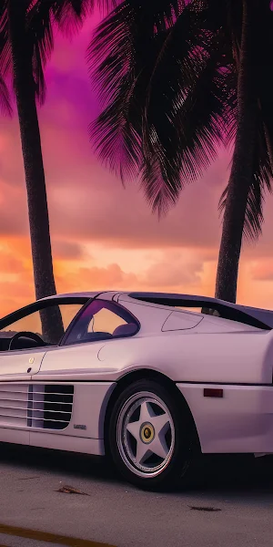 Ai Art, Ferrari Testarossa, Palm Trees, Sunset, Sports Car 4K Wallpaper Background