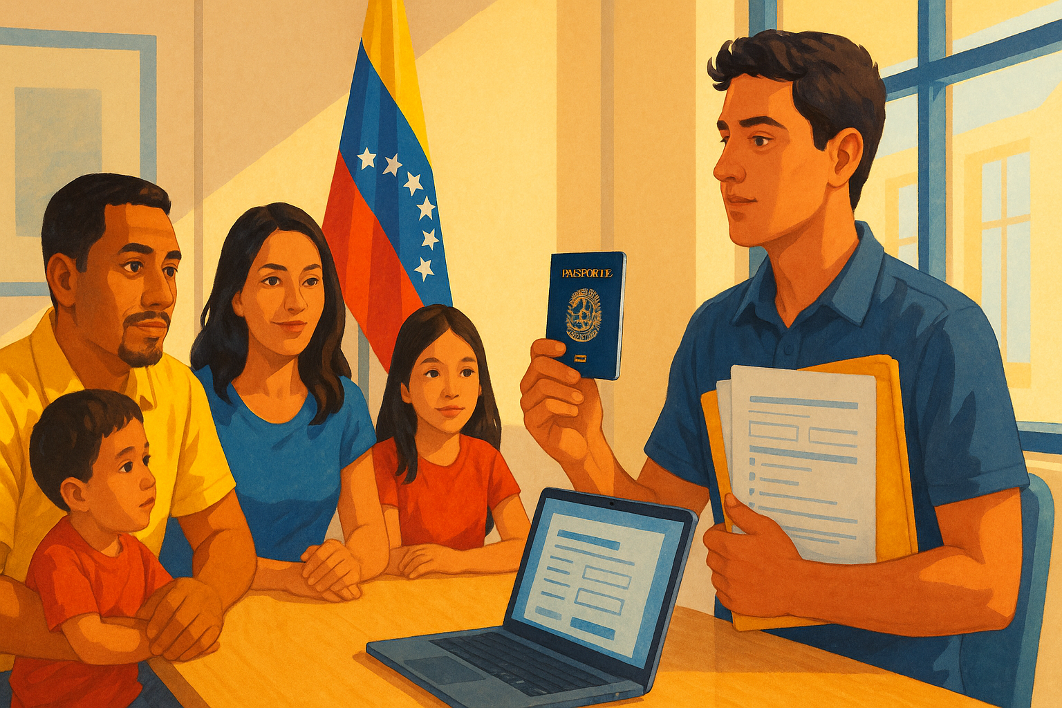Venezolano en consulado con documentos y computadora, renovación de pasaporte en el exterior