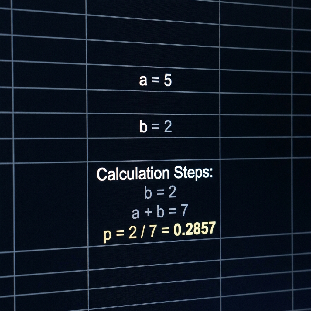 convert odds to probability close up of a minimalist spreadsheet showing a equals 5 b equals 2 and p equals b divided by a plus b with step by step calculation highlighted on dark Funded Plays brand background