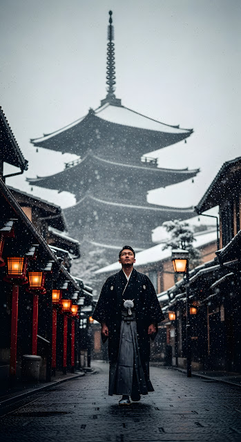 Dramatic Portrait of Man in Kimono Walking in Snowfall on a Japanese Temple Street - Free mobile Wallpaper