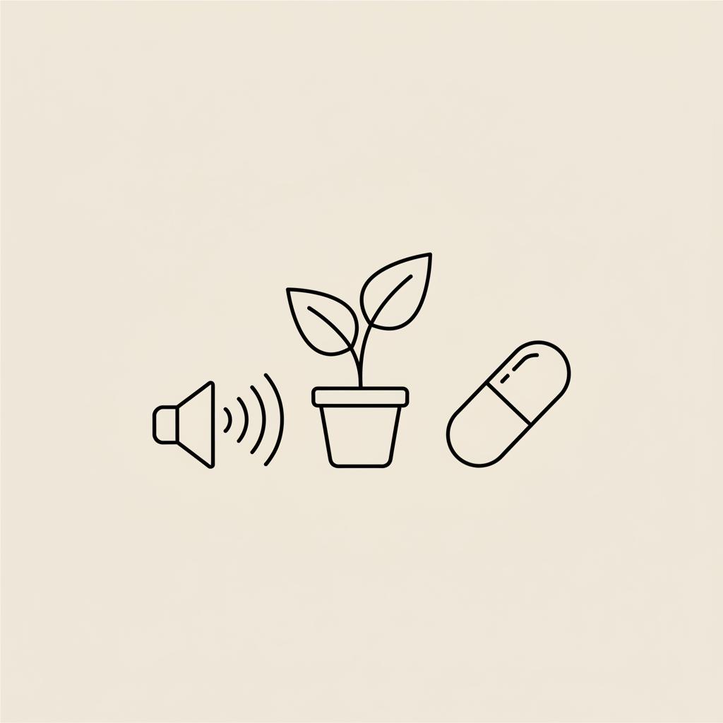 Minimal Tonum-style line illustration of a speaker with three sound lines, a small potted plant and a capsule, concept image for pill that makes you not want to drink