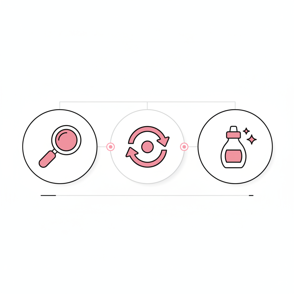 Minimalistische 2D-Vektor-Infografik zu Nägelkauen mit drei Icons: Lupe (Bewusstheit), Austausch-Pfeile mit Ball (Ersatzreaktion), Pflege-Flasche in NailX-Farben