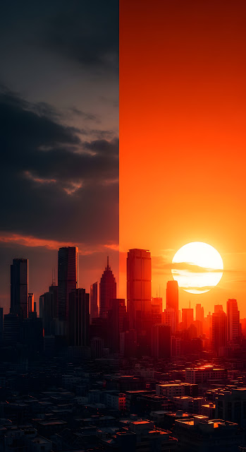 Vibrant Split Cityscape Illustration with Towering Skyscrapers Under a Massive Orange Sunset - Free mobile Wallpaper
