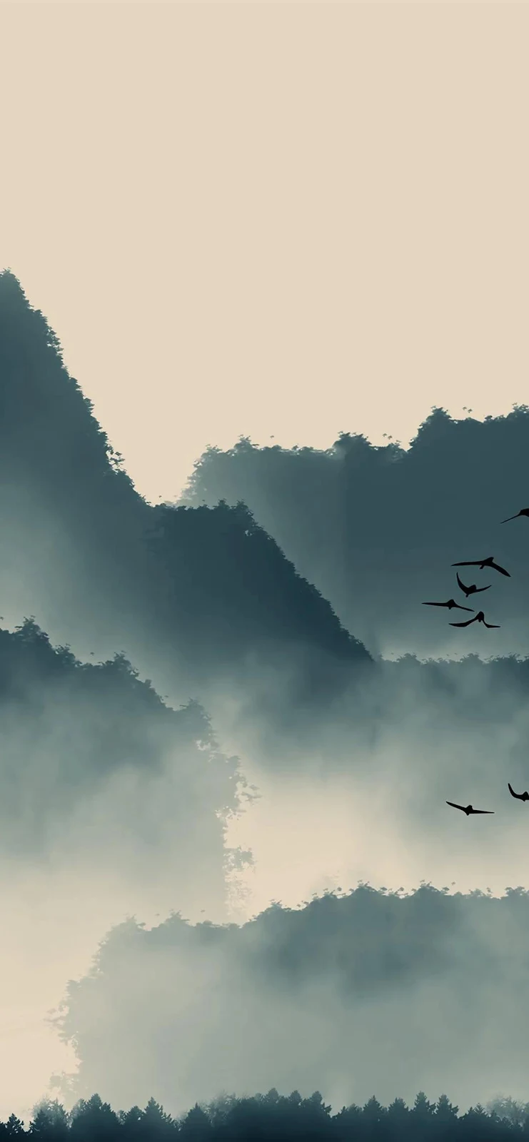 Misty Mountains With Birds - Ink Wash Painting Full HD iPhone Wallpaper (1080x2333)