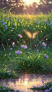 Golden Butterfly Meadow Wildflowers Sunlight Reflection