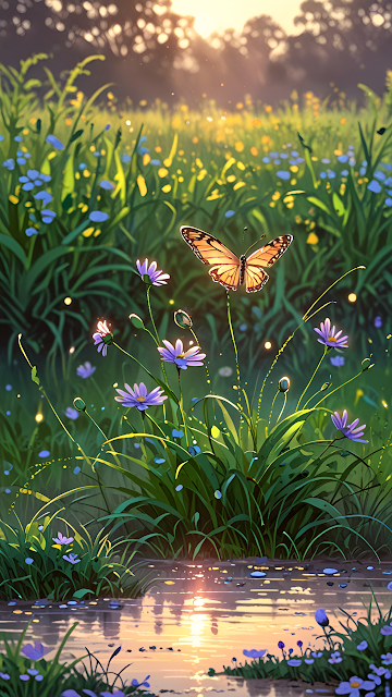 Golden Butterfly Meadow Wildflowers Sunlight Reflection - Free mobile Wallpaper