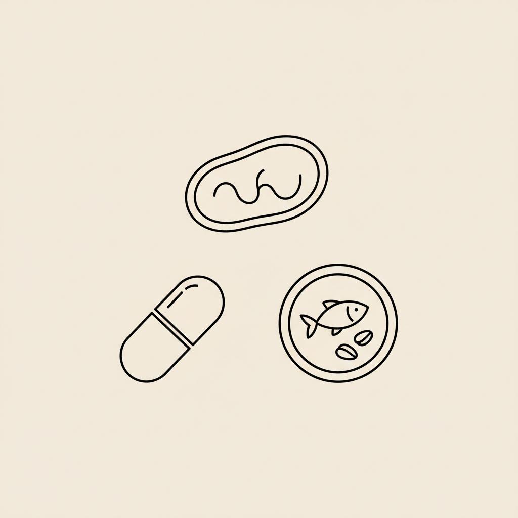 Minimalist line illustration of a mitochondrion, capsule, and plate with fish and whole grains on beige background, representing vitamin B3 boost metabolism.