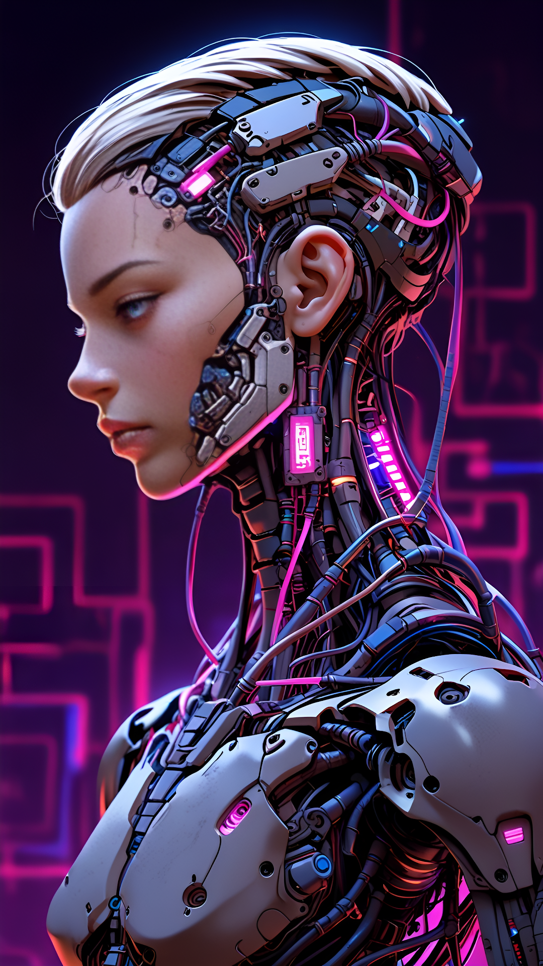 Cybernetic Woman with Glowing Pink Circuits in Profile - Free 4K mobile Wallpaper