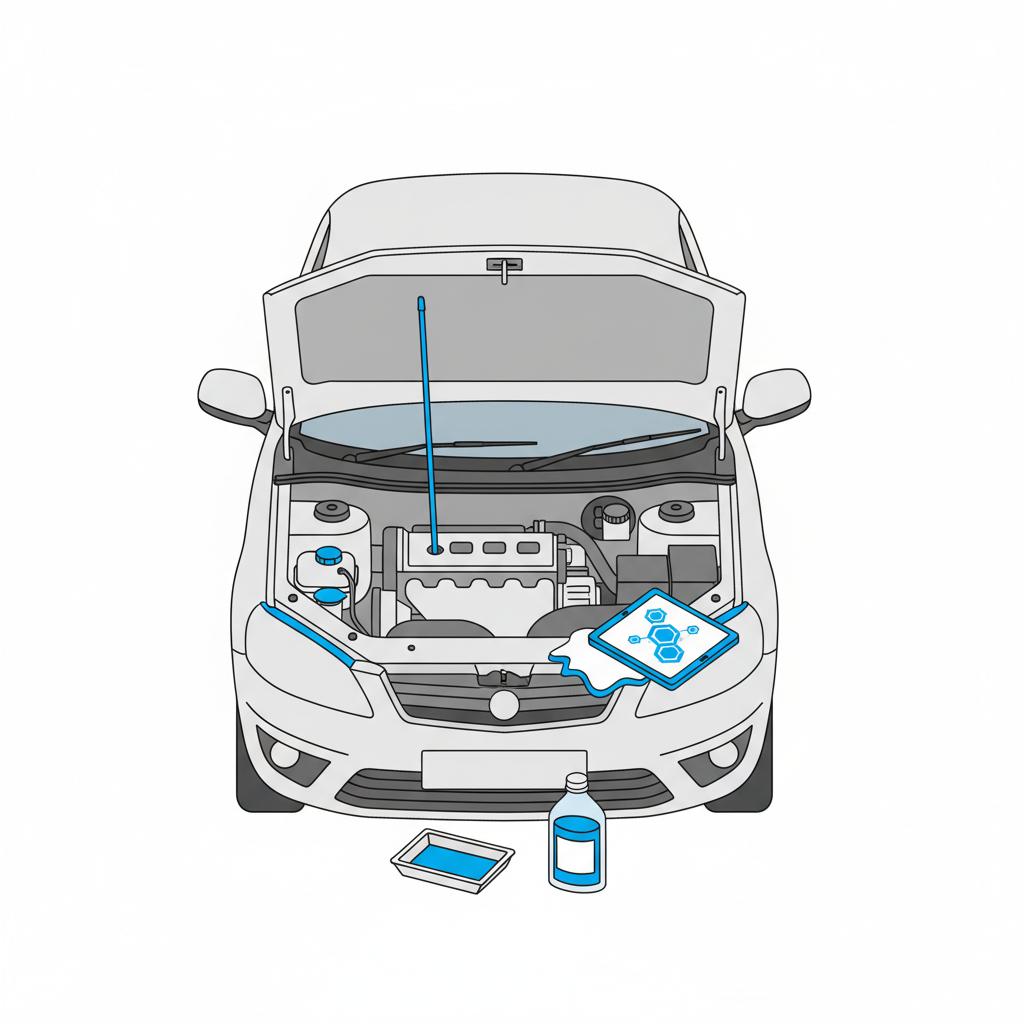 Minimalist 2D vector of a parked sedan engine bay with tools arranged for a transmission fluid check and engine inspection implying a mechanic in CarFax colors hondas near me