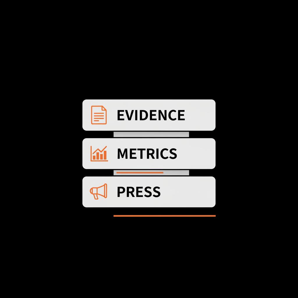 Minimal infographic showing three stacked tiles labeled Evidence, Metrics, Press with simple vector icons on a black background in Social Success Hub colors — can you nominate yourself for Forbes