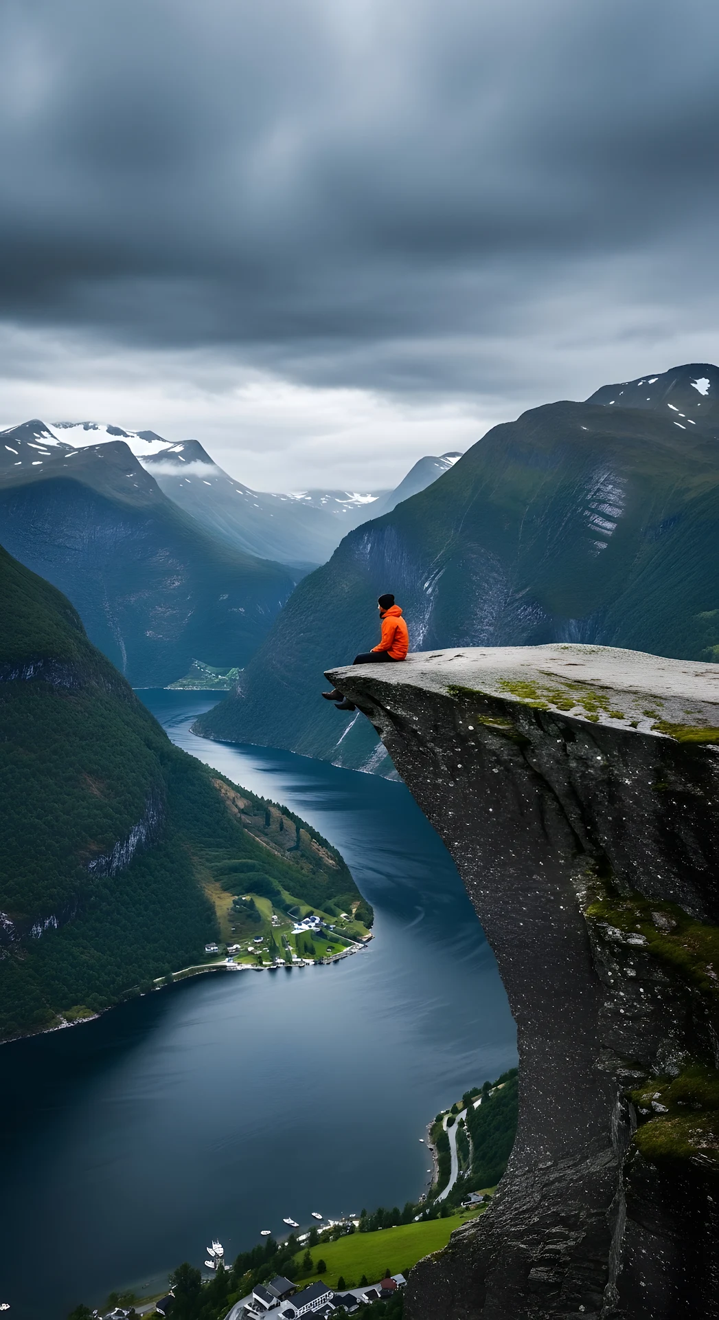 Solitude on Cliff Edge Overlooking Deep Norwegian Fjord - Free 4K mobile Wallpaper