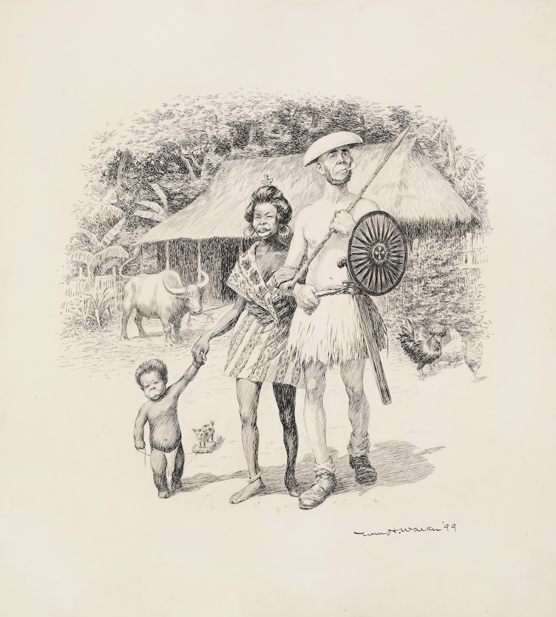 A black family stands before their hut and animals 1899