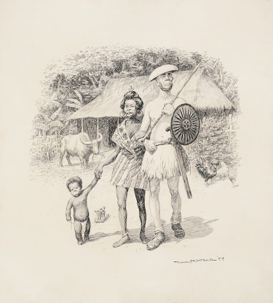 A black family stands before their hut and animals 1899