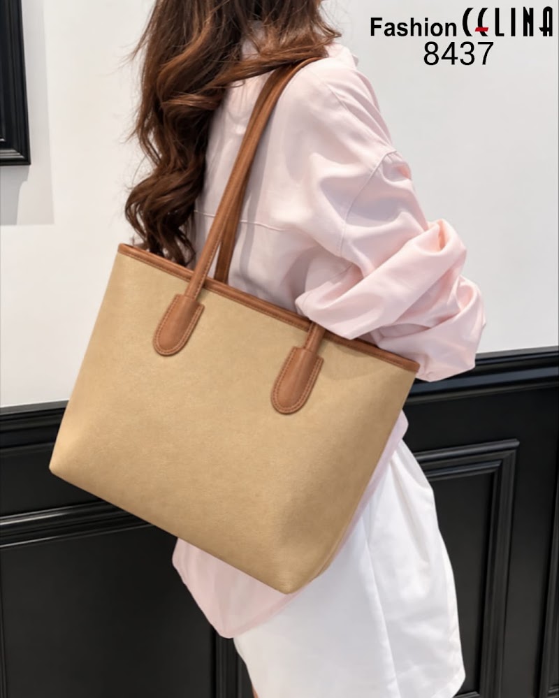 Cartera tote de hombro beige con asas marrones