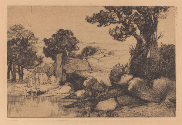 Landschap met man en vrouw aan oever