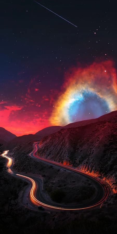 Cosmic Mountain Road Light Trails Full HD iPhone Phone Wallpaper